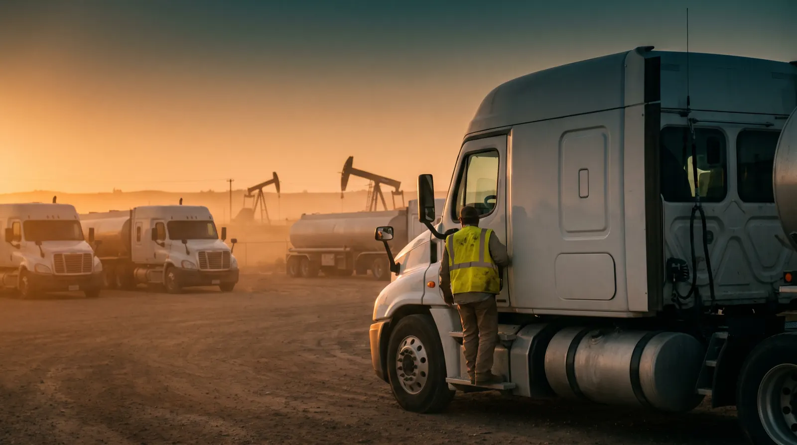 A driver in a high-visibility vest climbs into the cab of a white semi at dawn, with pumpjacks on the horizon.