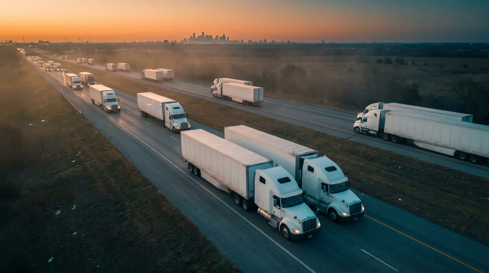 White semi trucks streaming along a divided interstate toward a city skyline at dusk, seen from above.