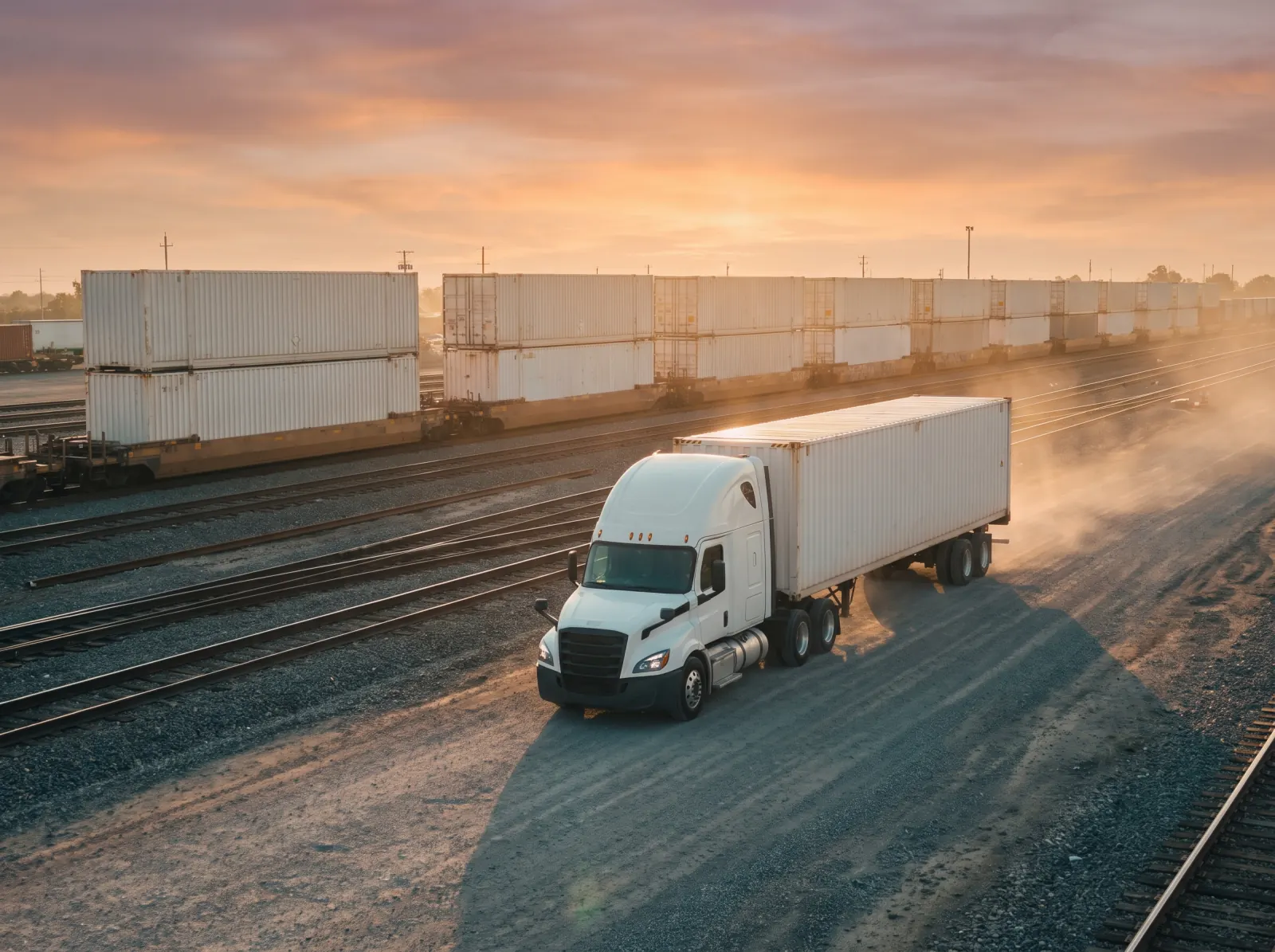 A white semi hauling a shipping container past a rail yard of stacked containers at sunset.