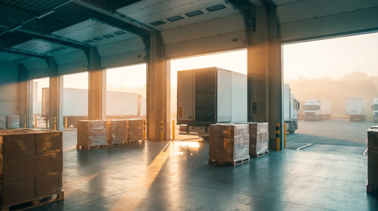 Pallets of boxed goods on a warehouse floor by open loading-dock doors, with trailers parked outside at sunrise.