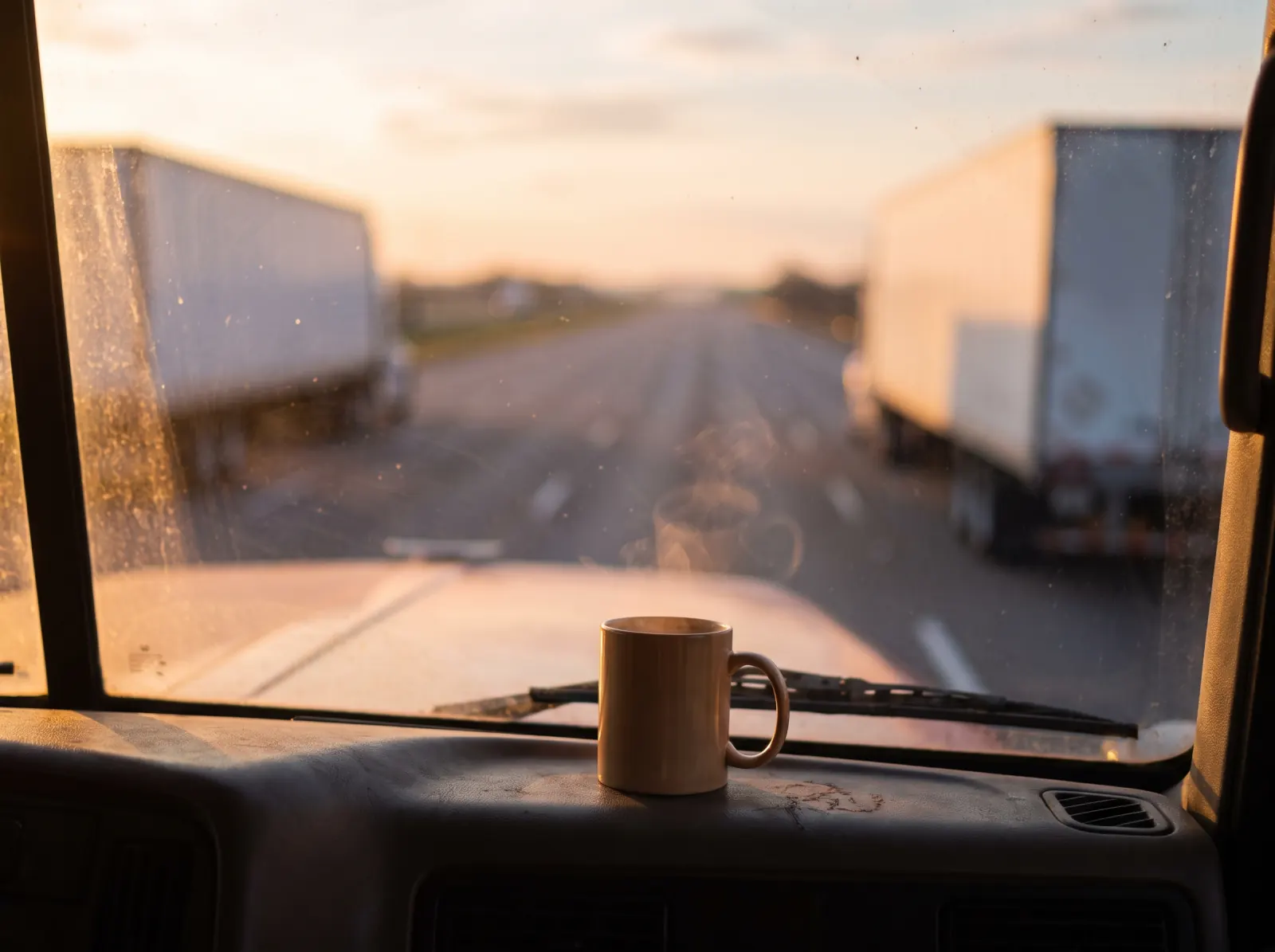 A coffee mug on the dashboard of a truck cab, with trailers on the highway ahead seen through the windshield.