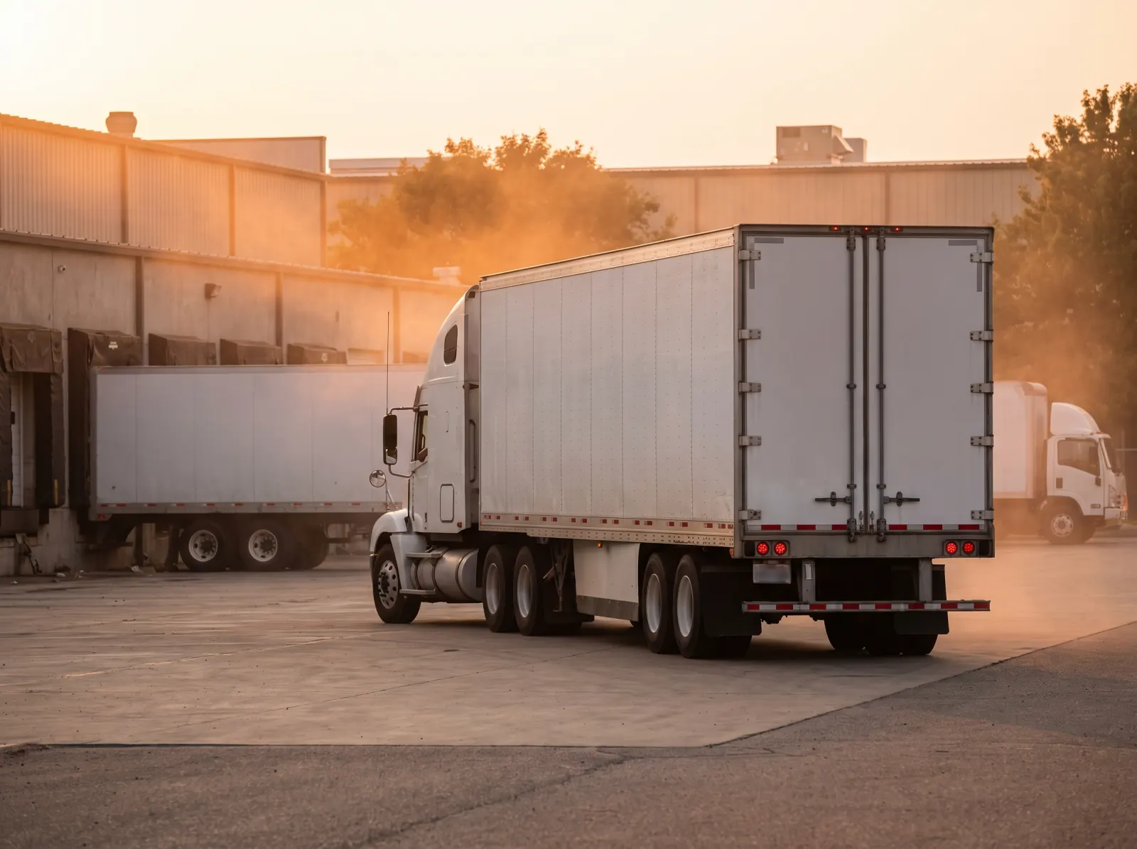 A white semi truck in a warehouse yard by the loading docks, in hazy golden light.