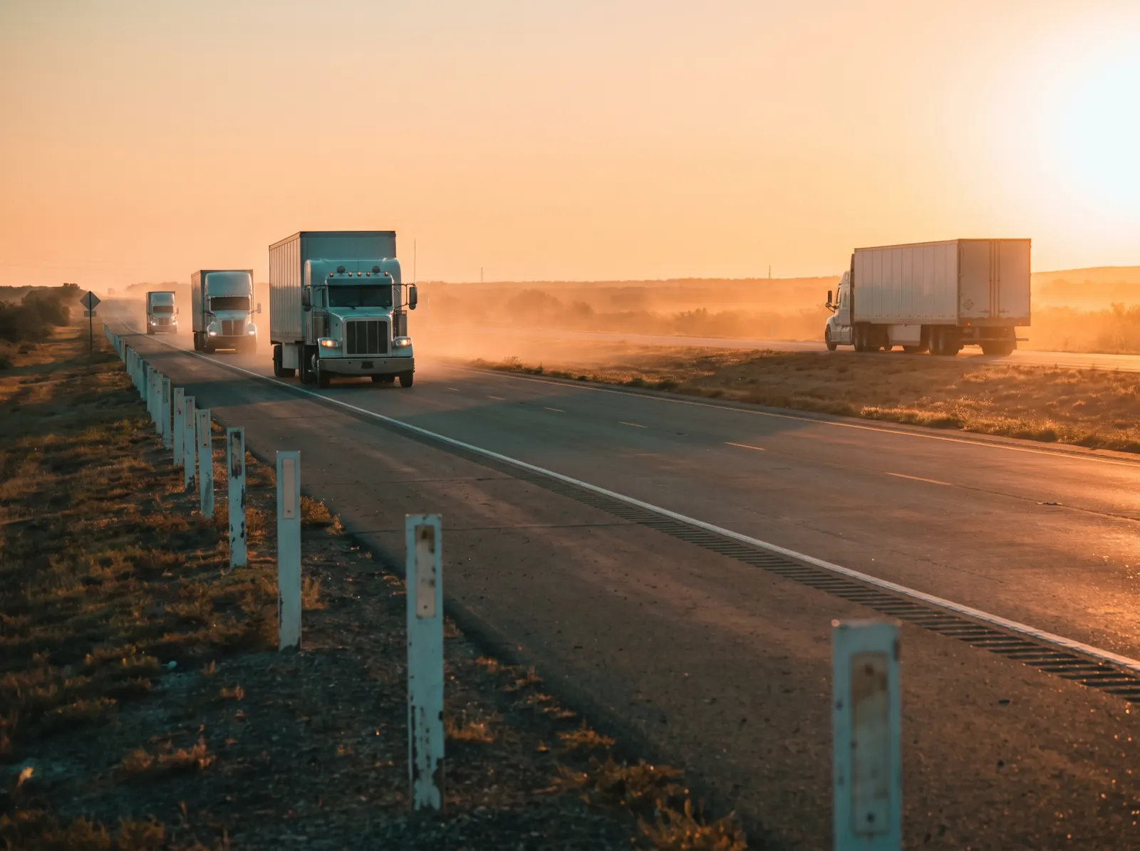 Semi trucks on a two-lane highway at sunset, with white marker posts along the shoulder.
